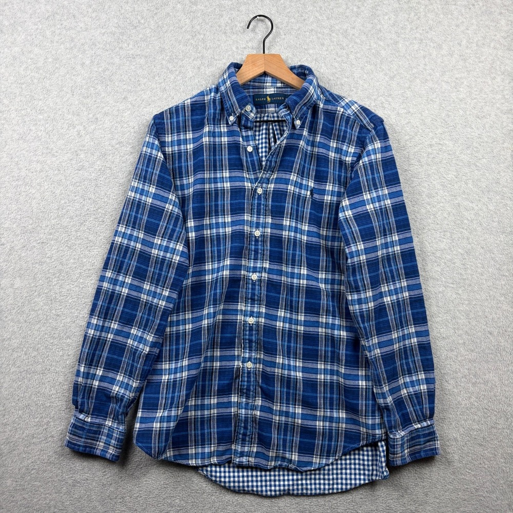 Ralph Lauren Shirt Mens Medium Blue Plaid Flannel Gingham Lined Button Down Pony